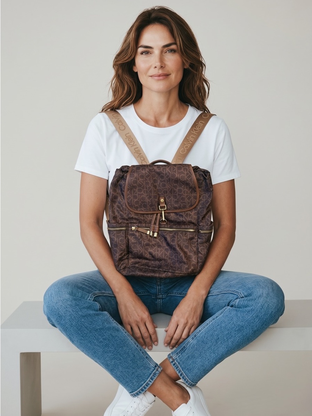 Calvin Klein Brown Signature Monogram Fabric Backpack